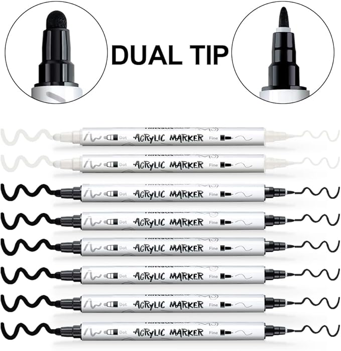 TRANSON 6 Black and 2 White Paint Markers Bold and Fine Dual-tip Acrylic Paint Marker for Rock Glass Canvas Wood Leather Ceramic DIY Painting