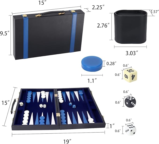 GSE Games & Sports Expert Premium Leather Backgammon Board Game Set, Classic Backgammon Game Set with Leather Case, Travel Folding Board Game (Black&Blue, Medium)