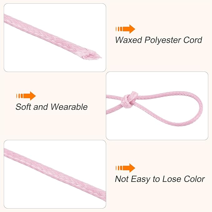 MECCANIXITY Waxed Cord 1mm Waxed Polyester Cord 175 Yard Wax String for Bracelet Making,Necklaces, Beading,Jewelry Making and DIY Crafts(Light Pink)