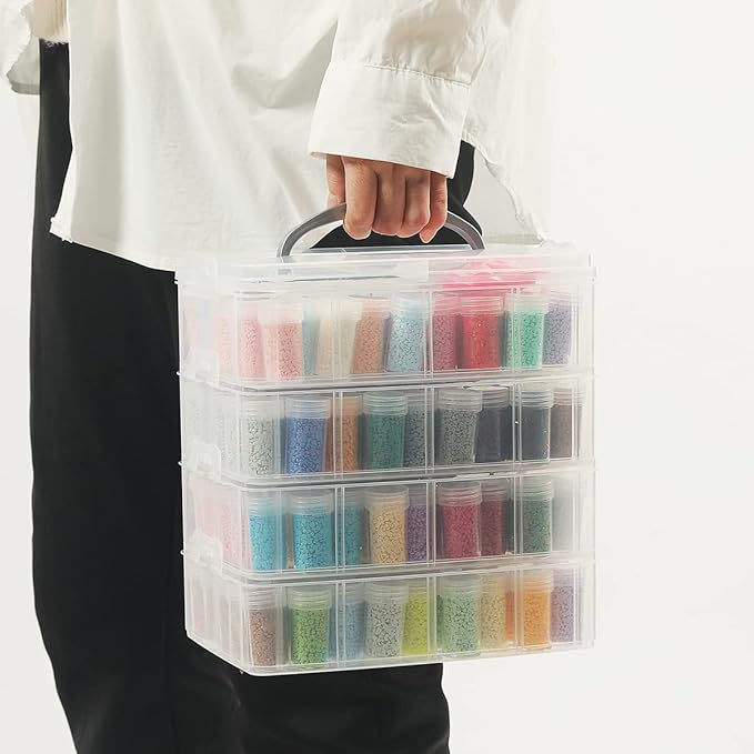 Douorgan 4-Tier Diamond Painting Storage Containers Portable Bead Organizer and Storage Box Stackable Arts & Crafts Organizers for Nail Charms Seed, 176 Round, Funnel, Stickers