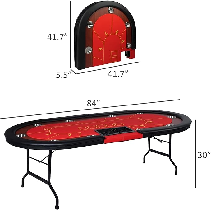 Upgrade 84" Folding Poker Table, 10 Players Oval Card Table with Stainless Steel Cup Holders & Padded Rails, Casino Leisure Felt Surface Texas Hold 'em Poker Table, Red