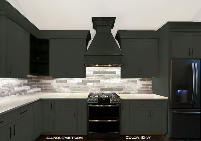ALL-IN-ONE Paint, Durable cabinet and furniture paint. Built in primer and top coat, no sanding needed. Includes our 30 featured color card - Envy (slate green), Gallon