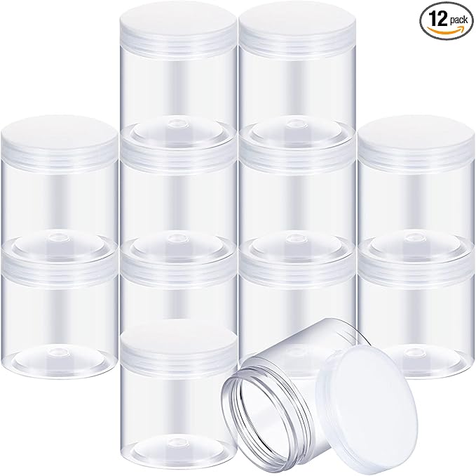 SATINIOR 12 Pack Plastic Container Jars with Lids Round Clear Travel Cosmetic Container Jars for Toiletries, Lotion, Cream, Ointments, Makeup, Rhinestone, Samples, Kitchen Storage (7 Ounce, Clear)