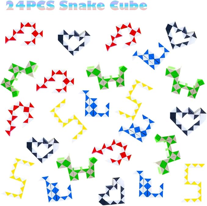 24 Pack 24 Blocks Fidget Snake Cube, Mini Snake Ruler Twist Puzzle Toys for Kids Party Bag Fillers, Party Favors Supplies, Fidget Sensory Toys, Random Color