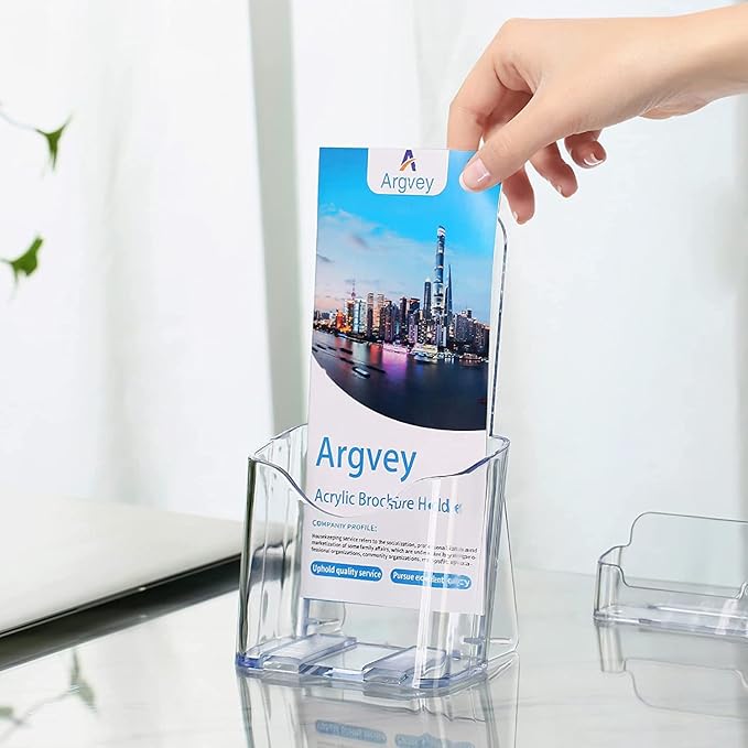Acrylic Brochure Holder 4x9 Inch, Clear Pamphlet Holder Display Stand for Trifold 4 Inch Flyers, Booklets, Table Signs, Plastic Rack Card Holder for Office, Home, Store, 6 Pack