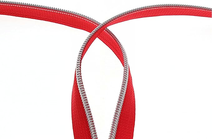 Leekayer #5 Silver Metallic Teeth Nylon Coil Zippers by The Yard Bulk 10 Yards Red Zipper Tape with 25pcs Silver Ring Pull Sliders for DIY Sewing Tailor Craft Bag(Red)