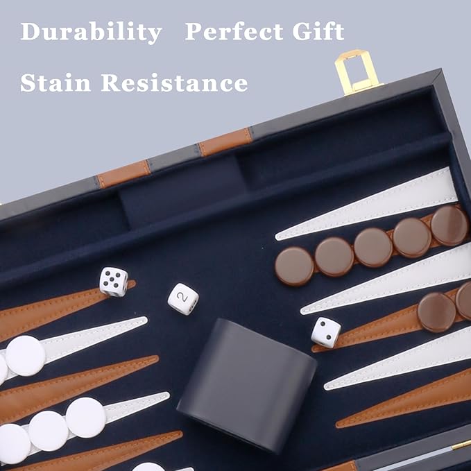 Backgammon Set - Classic Board Game with Premium Leather Case - Portable Travel Strategy Backgammon Game Set for Adults, Kids - Suitable as (11inch, Navy)