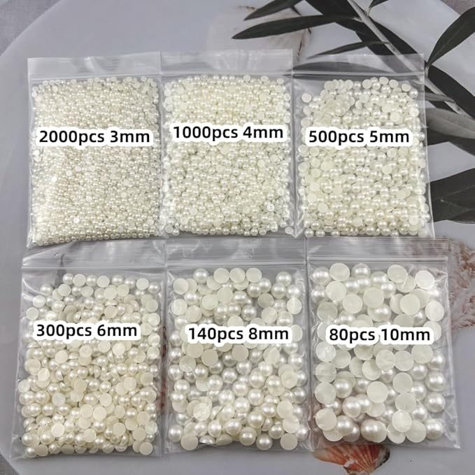 4020pcs Half Pearls for Crafts Assorted Size 3mm 4mm 5mm 6mm 8mm 10mm Flatback Half Round Pearl Beads for Jewelry Making Nail Art Scrapbook Craft Wedding Dress Decoration(Ivory White)