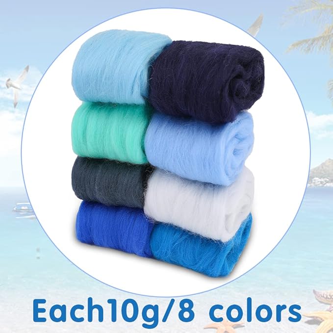 Wonvoc Needle Felting Wool 80 g, 8 Colors Nature Wool Roving, Felting Wool Bulk, Wool Roving for Needle Felting, for DIY Craft Materials and Felting Wool Craftsmen, 10g/Color, Blue