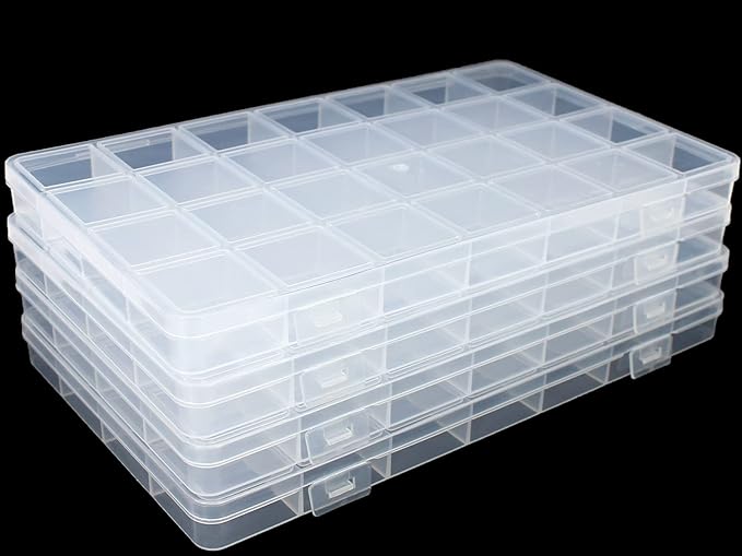 4Packs 28 Grids Bead Organizer Plastic Organizer Box with Fixed Dividers-Jewelry, Accessories, and Small Parts Container Clear Box for Jewerly Beads, Sewing, Drawing