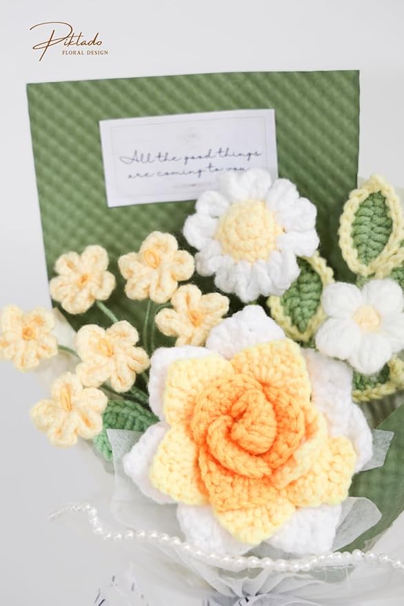 Hand-Woven Flower Bouquet Finished（1pcs） for Valentine's Day Girlfriend Birthday Gift Wedding Decoration Crochet Artificial Flower, Bouquet Gift (Yellow)