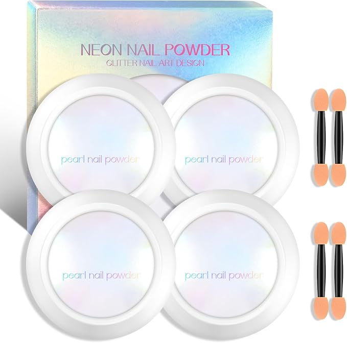 Ownest 4 Pcs Neon Chrome Nail Powder, Unicorn Chrome Nails Glitter Pigment, Aurora Iridescent Powder Pigment for Nails, Opal Pearl Mica Powders, Chameleon Pearl Manicure Pigment