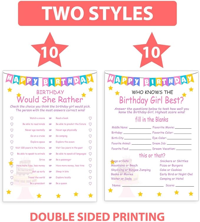 ALodr Girls Birthday Party Set, 20 Birthday Double Sided Cards Set, Girls Birthday Party Activity Notebook Themed Party Activity and Idea - Girl Birthday Supplies, Activity, Decorations