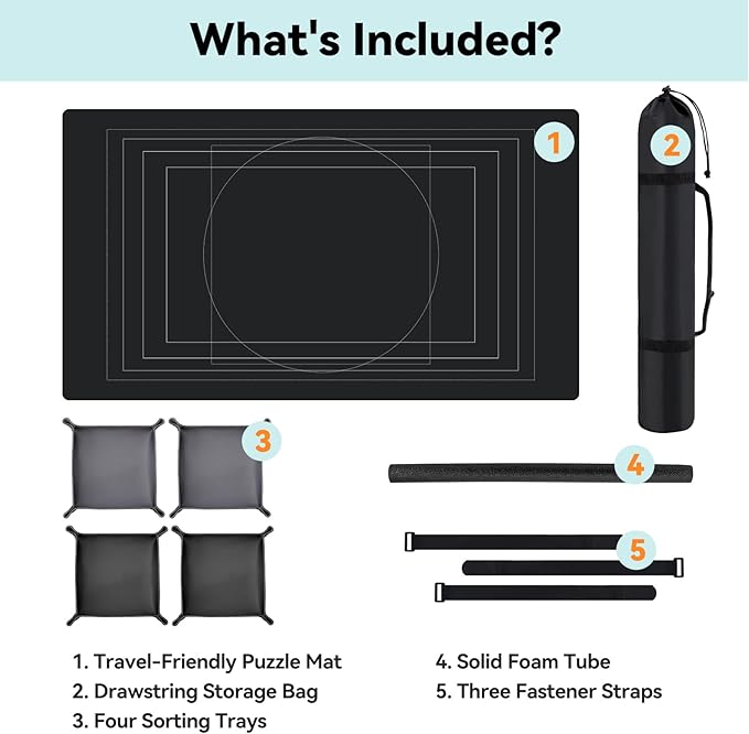 Puzzle Mat Roll Up with Drawstring Storage Bag, Portable Saver Pad 46” x 26” Up to 1500 Pieces with Non-Slip Rubber Bottom & Smooth Top + 4 Puzzle Sorting Trays & Travel-Friendly Storage Bag
