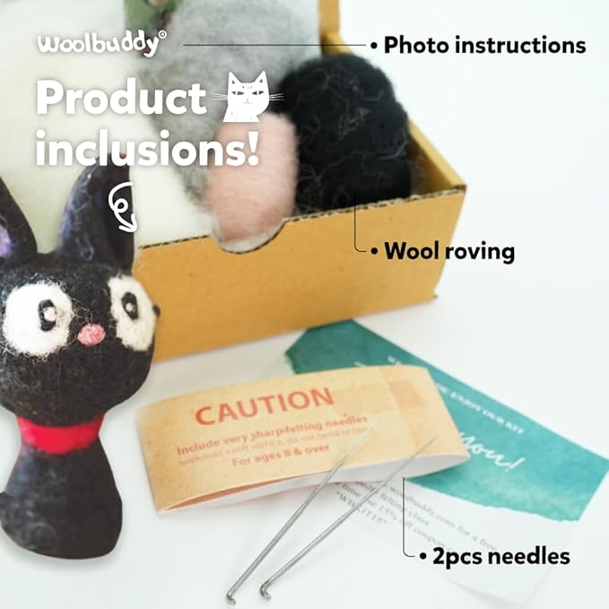 Woolbuddy Needle Felting Kit for Beginners & Adults – DIY Black Cat Animal Craft Kit – Complete Starter Kit with Wool, Needles & Step-by-Step Instructions