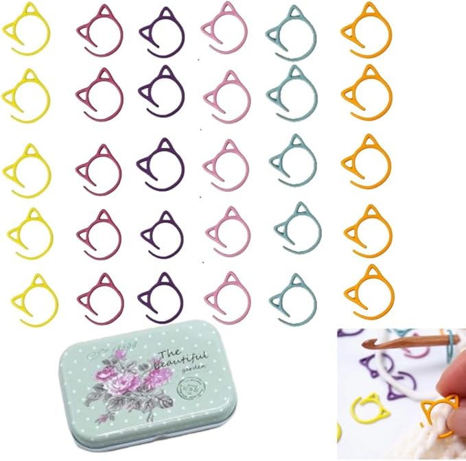 Fazanwey 30pcs Cat Stitch Markers with Storage Case, Metal Stitch Markers for Crocheting,Colorful Crochet Markers for Knitting Weaving Lovers