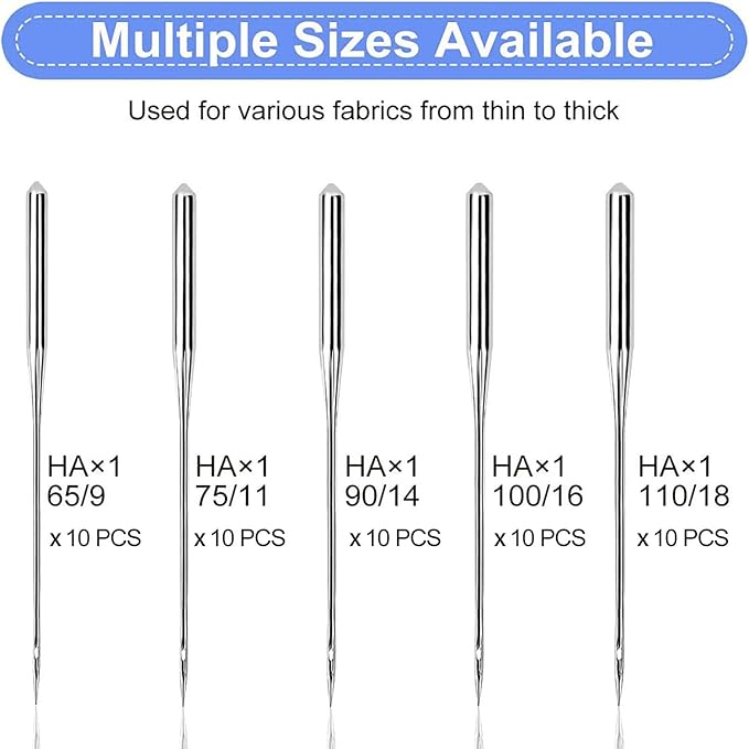 50PCS Sewing Machine Needles, Universal Sewing Machine Needle for Singer, Brother, Janome, Varmax, Needles for Sewing Machine with Sizes HAX1 65/9, 75/11, 90/14, 100/16, 110/18
