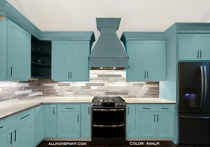 ALL-IN-ONE Paint, Durable cabinet and furniture paint. Built in primer and top coat, no sanding needed. Includes our 30 featured color card - Amalfi (blue aqua), Quart