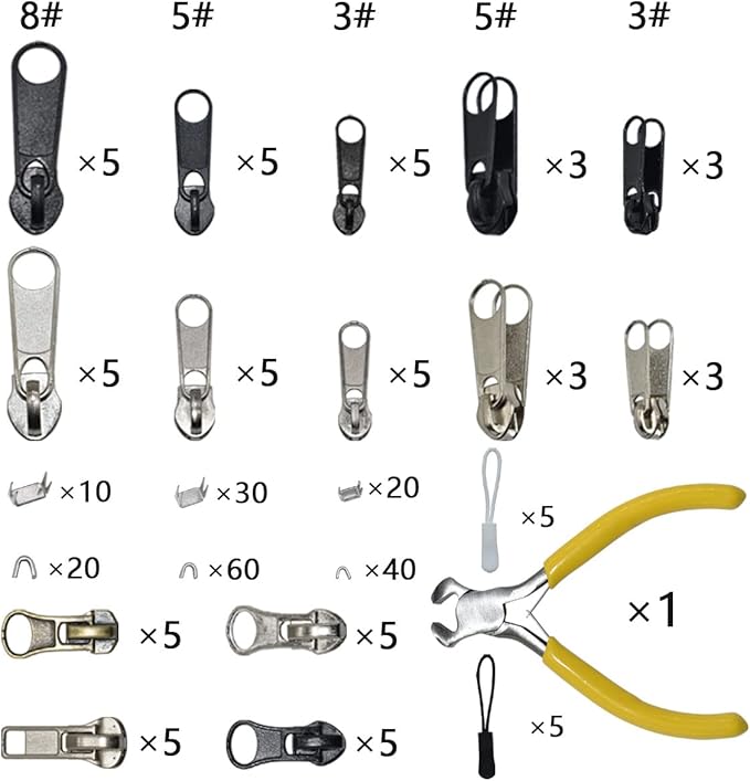 253Pcs Zipper Repair Kit Replacement with Installation Pliers Tool and Zipper Extension Pulls for Sleeping Bags Jacket Tent Luggage Backpacks Boots