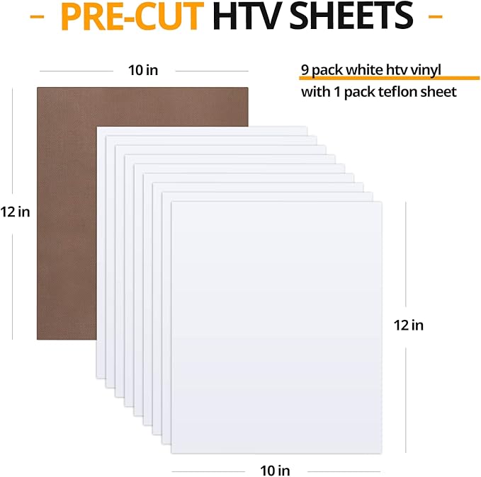 HTVRONT White Heat Transfer Vinyl Bundle - 10 Pack 12" x 10" HTV Vinyl for T-Shirt, White Iron on Vinyl for for All Cutting Machine or Heat Press Machine