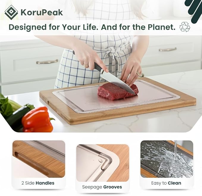 Pure Titanium Cutting Board - Double-Sided Titanium Cutting Board for Kitchen with Bamboo Side - Large 16"x12"