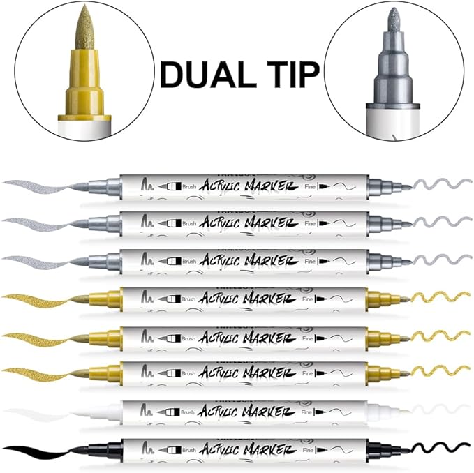 TRANSON 3 Gold, 3 Silver, 1 Black and 1 White Paint Markers Brush and Fine Dual-tip Acrylic Paint Marker Set for Rock Painting Glass Canvas Wood Leather Ceramic Painting