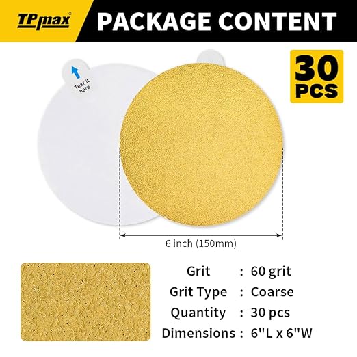 6-Inch 60-Grit Gold PSA Sanding Discs, 30 Pack – Pro-Grade Self-Adhesive Stickyback Sandpaper with Quick-Release Tabs for DA Sander, Coarse Automotive/Wood/Metal Sanding
