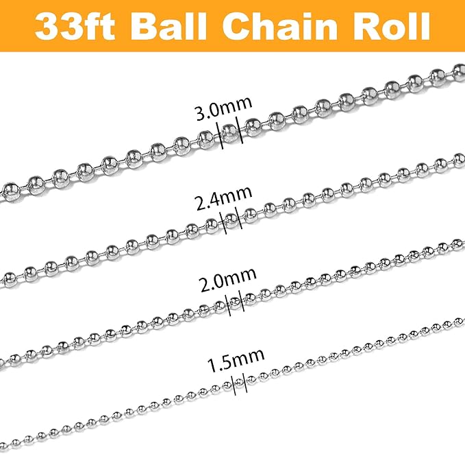 Jishi 33ft Stainless Steel Ball Chain 2mm Bead Dog Tag Chain Beaded Necklace Chains for Jewelry Making Bracelet Military Crafts, Silver Metal Pull Chain Small Ball Bead Chain Roll w/20 Connectors