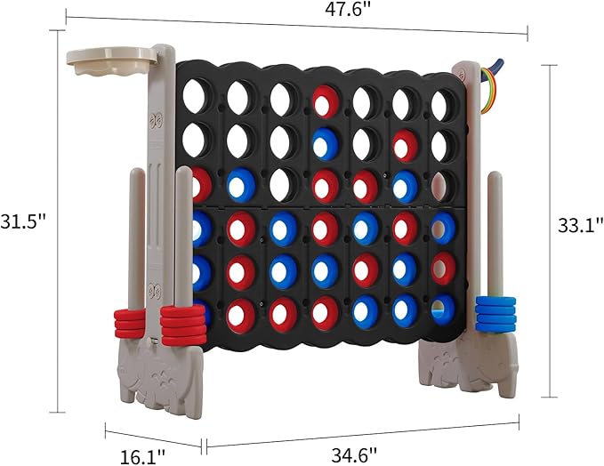 UNICOO Giant 4-in-A-Row with Carry Bag, Ring Toss, Basketball Hoop - Large Outdoor Game for Family Fun - Big Jumbo Game Set for Backyard Parties, BBQs, and Gatherings (Black & Grey)