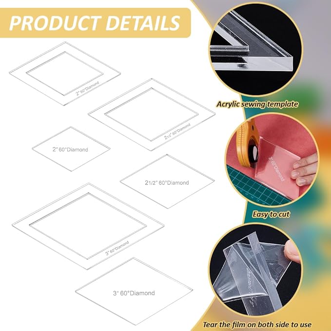 BENECREAT 16 Sizes Diamond Quilting Template, Acrylic Intricate Sewing Machine Ruler, Transparent Pressure Plate Router Template for DIY Hand Patchwork Cutting Craft, 6mm Thick