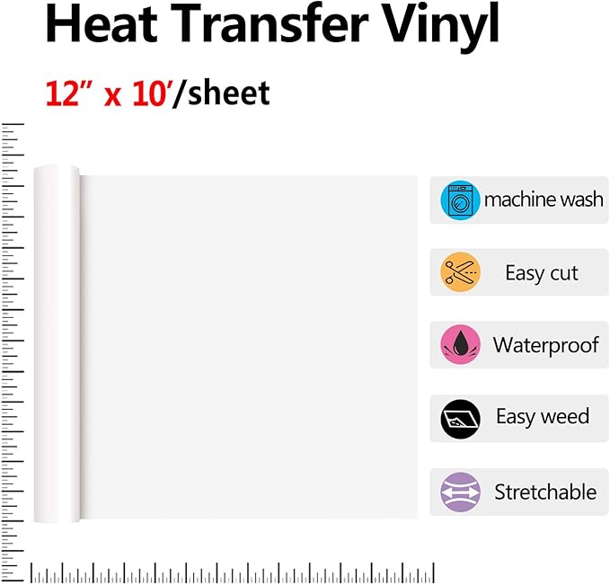 RENLITONG White HTV Iron on Vinyl 12Inch by 10ft Roll Heat Transfer Vinyl for T-Shirt HTV Rolls for All Cutter Machine - Easy to Cut & Weed for Heat Transfer Design