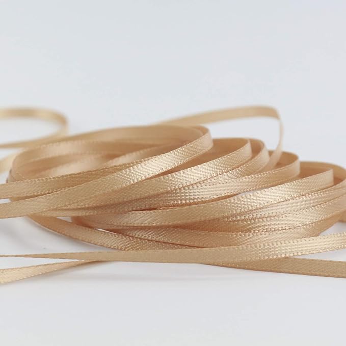 HUIHUANG Champagne Satin Ribbon 1/8 inch x Continuous 100 Yards Roll Tan Color Double Face Ribbon for Crafts, Wedding Invitation Card, Gift Wrapping, Christmas Ornaments, Gift Tag