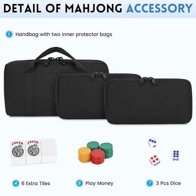American Mahjong Tile Set,166 Tiles White Blue Melamine Tiles,Mahjong Game Set with Portable Travel case