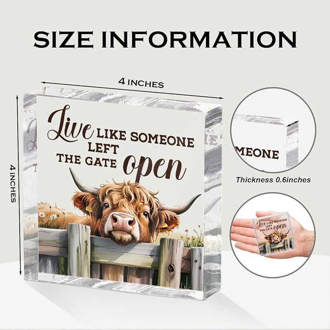 Cute Cow Decorative Signs, Rustic Western Animal Office Desk Decor Acrylic Sign 4x4 Inch, Desk Accessories Signs for Bathroom Cubicle Farmhouse Kitchen, Cow Gifts for Women Friend