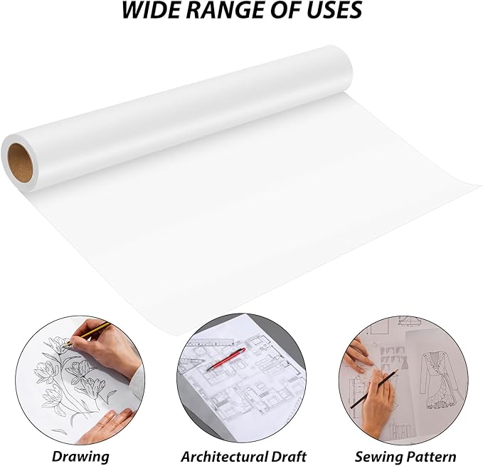 Tracing Paper Roll 12 Inches x 30 Yards, Trace Paper White ‌Translucent‌ Pattern Paper Tracing Paper for Drawing, Sewing, Sketch