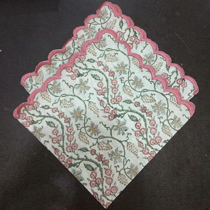 Ridhi Coral Pink Hand Block Print Napkins 18" x 18" Set of 4 Reusable Cotton Dinner Napkins for Weddings, Parties & Everyday Dining, Thanksgiving, Christmas, Fall