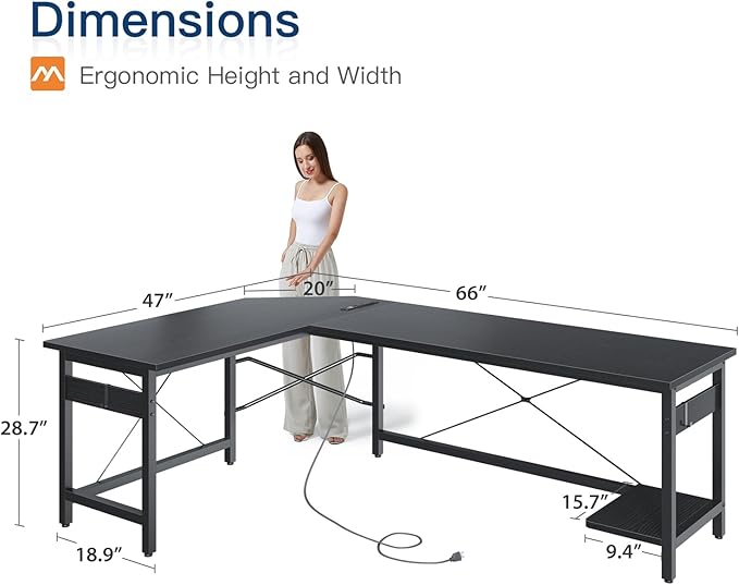 Coleshome 66" L Shaped Gaming Desk with Outlet, L Shaped Desk with CPU Stand, Corner Computer Desk, Home Office Desk, Writing Desk, Black