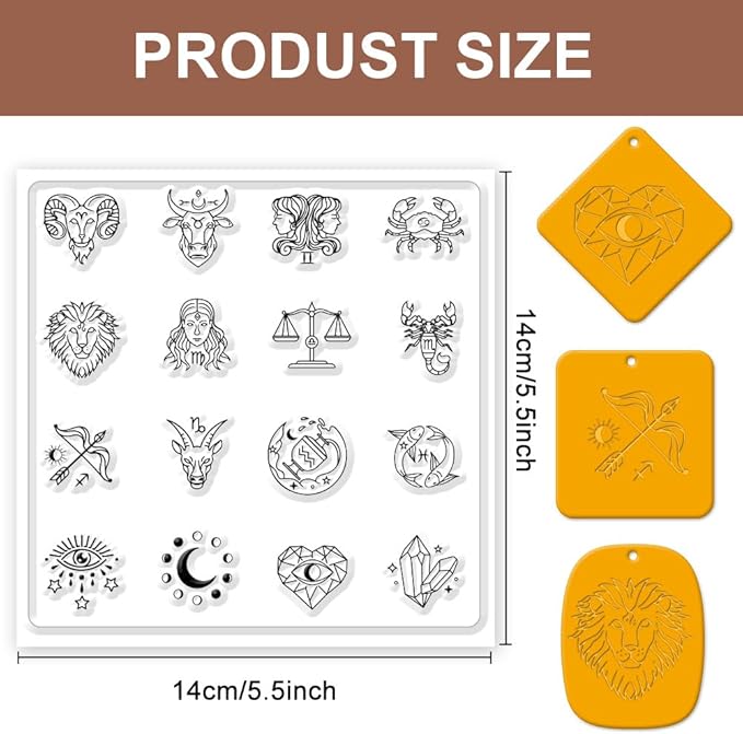CHGCRAFT Polymer Clay Texture Sheets - 12 Zodiac Signs Silicone Stamp for Divination - Clear Mat Tools for Jewelry Earring Making, 5.5x5.5inch