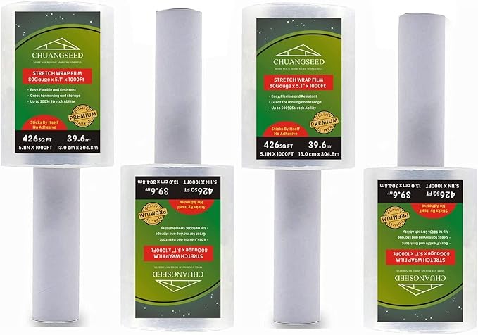 4-Pack Industrial Mini Clear Stretch Wrap Film 80 Gauge 5.1" 1000ft for Pallet Wrap, Durable Self-Adhering Packing, Moving, Packaging, Heavy Duty Shrink Film Chuangseed