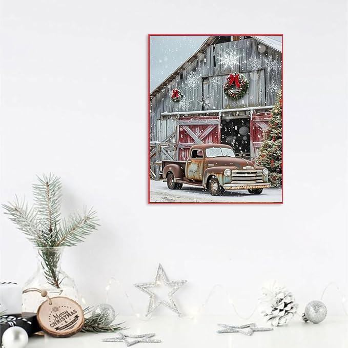 Christmas Stamped Cross Stitch Kits - Red Truck Counted Cross Stitch Kits for Beginners Adults Needlepoint Cross-Stitch Patterns Dimensions Needlecrafts Embroidery Kits Arts and Crafts