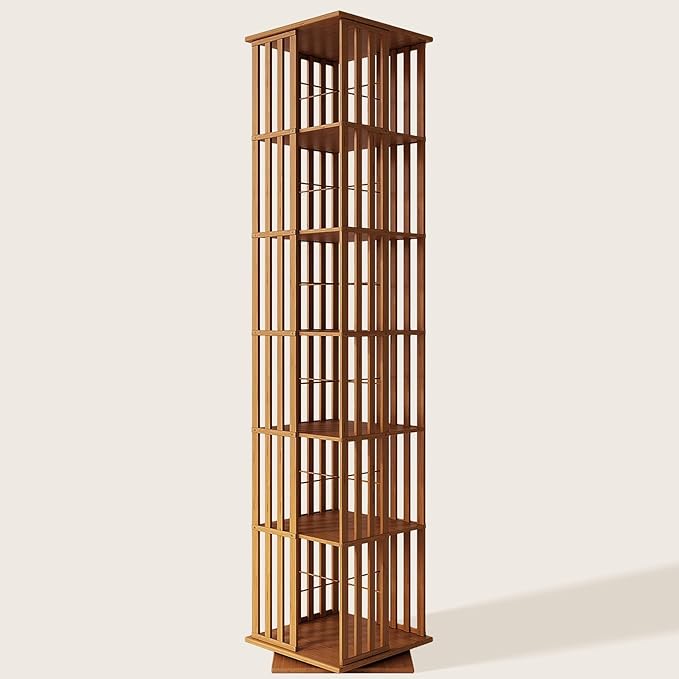XIMN 360° Rotating Bamboo CD/DVD Shelf - 6-Tier Space-Saving Media Storage Cabinet for Movies, Organizer with Super Compact Design (Walnut, 6 Tier)
