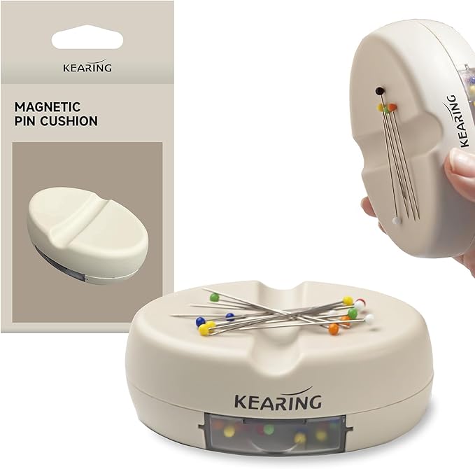 KEARING Magnetic Pin Cushion with Storage Drawer - Strong Magnet Pin Holder for Sewing - Beige Pincushion Caddy Organizer for Quilting Pins, Paper Clips, Screws - Sewing Accessories