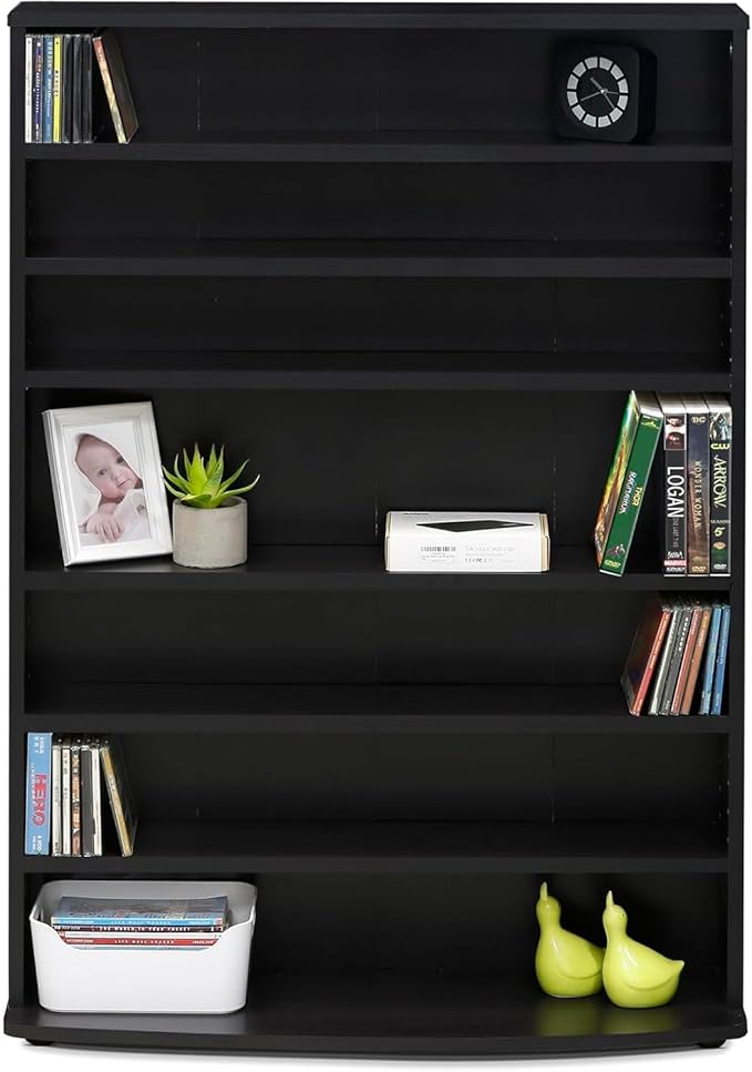 Adjustable Shelves Multimedia Storage Tower Rack with Spacious Media Organization, Durable Design, Versatile Rack for DVDs, CDs, Games, and More Espresso/6 Tier
