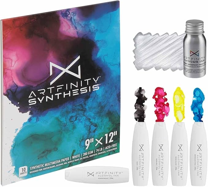 Alcohol Ink - CMYK Set, 7 Pieces | 10 Sheets 9x12 Multimedia Paper | Fast-Drying, Permanent, Transparent Alcohol Inks for Gloss Paper, Glass, Metal | 25 ml Bottles