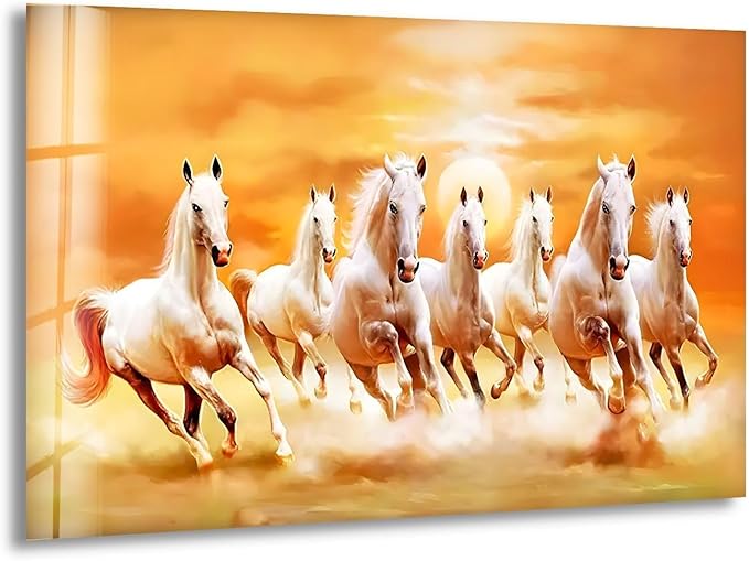 My Photostation.com 20Wx14H'' White Horses Running on Sunset Glass Wall ArtTempered Glass Printing Wall Decor Large Wall Art Wall Hangings