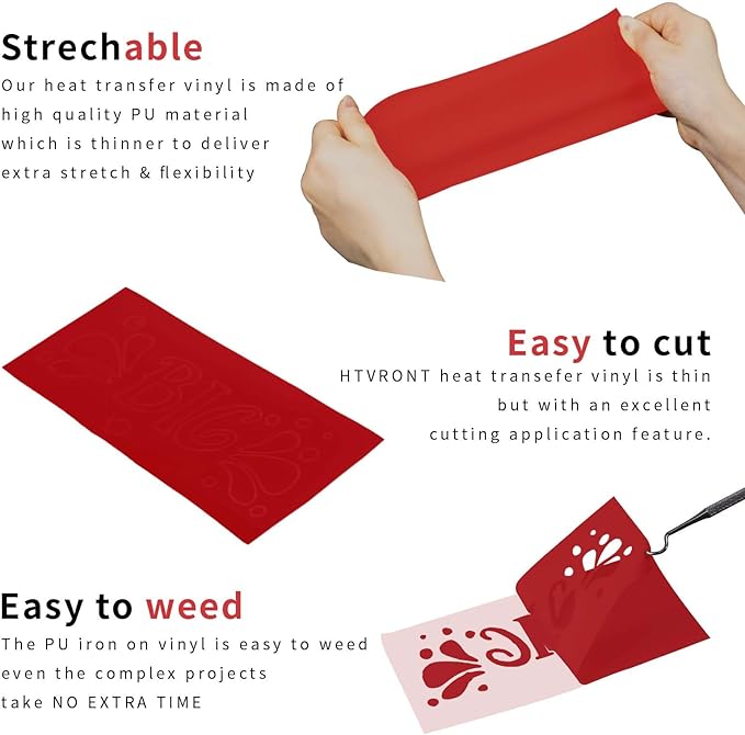 HTVRONT Red HTV Heat Transfer Vinyl Bundle: 24 Pack 12"x12" Iron on Vinyl Sheets for T-Shirt (1 PTFE Sheet Included), PU HTV Easy to Cut & Weed for Heat Design