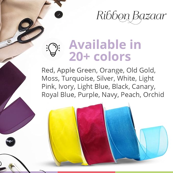 Ribbon Bazaar Sheer Organza Wired Ribbon - 100% Polyester Wire Edged Ribbon for Floral Decor, Table Arrangements, Apparel Embellishment & More - 1-1/2" White 25yd