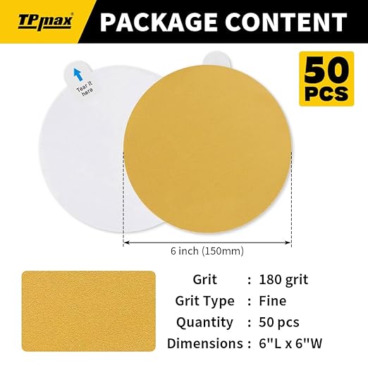 6-Inch 180-Grit Gold PSA Sanding Discs, 50 Pack – Pro-Grade Self-Adhesive Stickyback Sandpaper with Quick-Release Tabs for DA Sander, Fine Automotive/Wood/Metal Sanding
