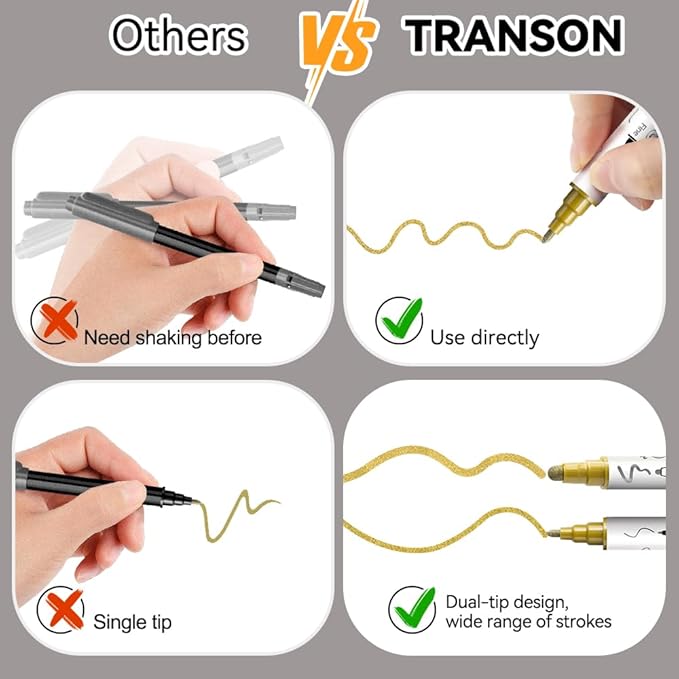 TRANSON 4 Silver and 4 Gold Paint Markers Bold and Fine Dual-tip Acrylic Paint Marker Set for Rock Painting Glass Canvas Wood Leather Ceramic Painting