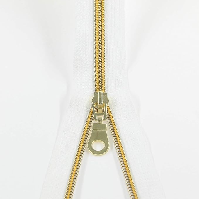 Leekayer White Nylon Zipper #5 Gold Metallic Nylon Coil Teeth Zipper by The Yards Bulk 10 Yards Tape with 25pcs Gold Sliders for DIY Sewing Tailor Craft Bag(White)